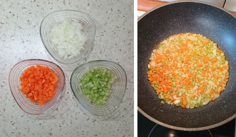 Cibulka, mrkev a řapíkatý celer nakrájené nadrobno = ingredience na italské soffritto.